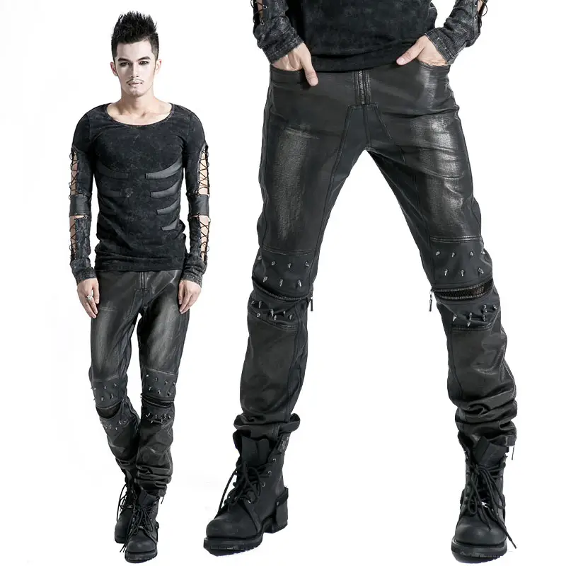 K-145 Top Sale Mens Vintage Punk Leather Pants With Awl Nail On Knee