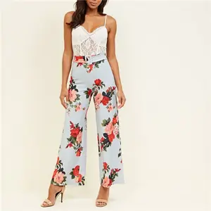 Lady printed trousers with belt casual wide leg pants women loose pants