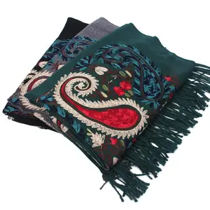 Bufanda de Cachemira bordada de estilo nacional, lana gruesa, chal con flecos de doble cara, cálida