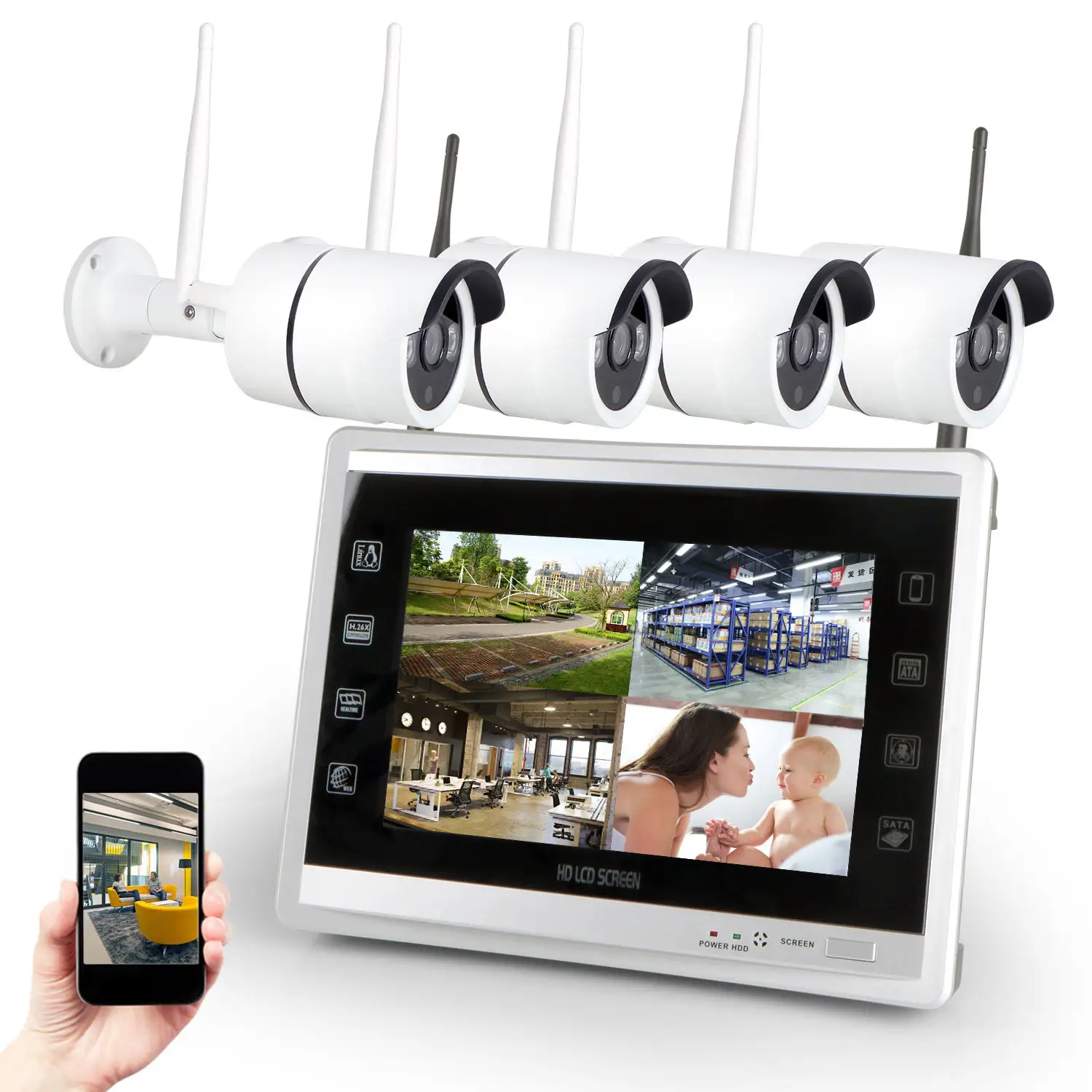 CCTV 4CH 1080P HD WIFI Camera System Integrated Wireless NVR Kit with 11 Inch LCD Monitor