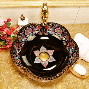 Lavabos de salle de bain en céramique faits à la main, en porcelaine artistique en forme de fleur avec plan de travail noir, lavabo artistique chinois - Product Image 2