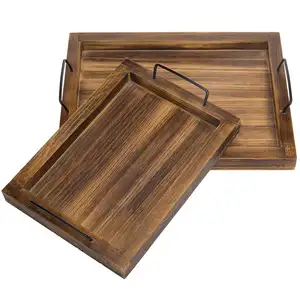 Grosir Negara Pedesaan Terbakar Finish Rectangular Nesting Kayu Sarapan Tray untuk Dijual