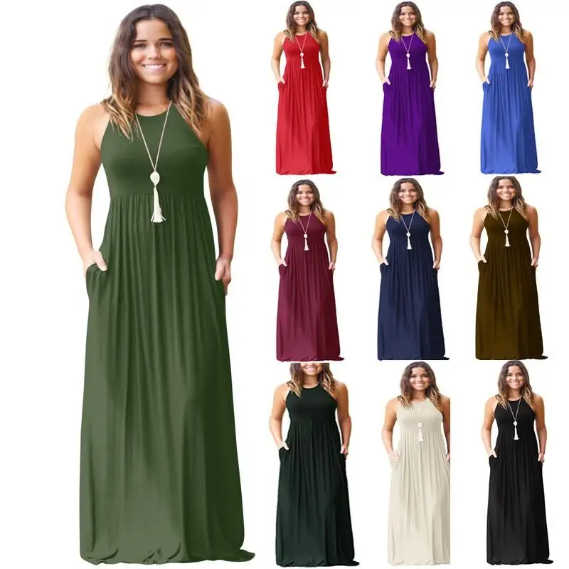 F3 Newest Plain Design Solid Color Casual Maxi Dresses For Ladies Summer Short Sleeve Hang Down Long Dress