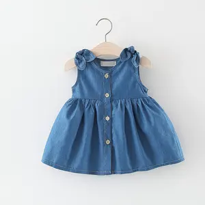KS0263 Baby meisjes button up smart jurk schattige baby denim jurken met strik