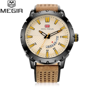 Color Beige cuero banda odm reloj de los hombres de vuelos, con día y fecha movimiento - Product Image 1