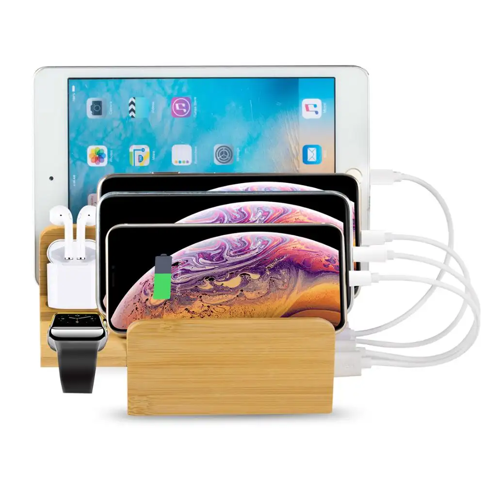 Universal multi devices 6 USB bamboo mobile phone charging station with watch stand Air pod charger dock