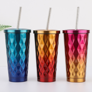 Gobelets à café en acier inoxydable avec tube à glace, bouteille à boisson chaude/froide avec paille, gobelets irréguliers en forme de losange, vaisselle à café - Product Image 2