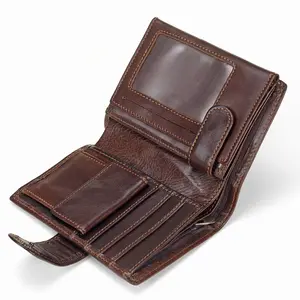 Men Wallet Oil Wax Cowhide Genuine Leather Wallets Coin Purse Clutch Hasp Open Top Quality Retro Short Wallet 13.5cm
