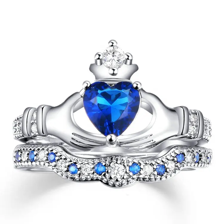Gioielli di lusso Irlandese Celtic Signore Claddagh Ring Cuore Cut AAA CZ Cubic Zirconia Blu Cerimonia Nuziale di Diamante di Fidanzamento Band Set R616