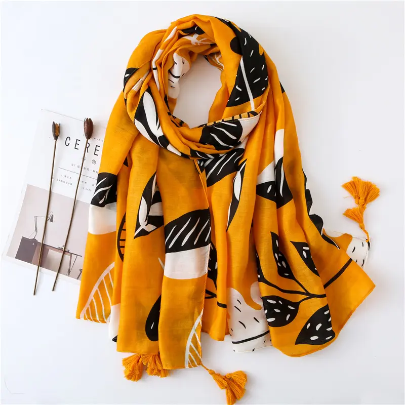 Jstar fashionable summer leaves printing tassel yellow shawls scarf for women