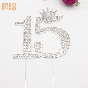 Diamantes de imitación plateados para decoración de fiestas, Tiara de feliz cumpleaños, corona, pastel, boda, Número 15 con corona