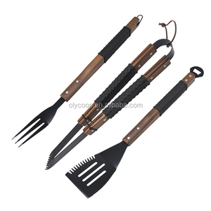 Mango de madera de barbacoa utensilios de acero inoxidable no-stick accesorios de barbacoa <span class=keywords><strong>parrilla</strong></span> pinzas de cuero con colgada en la pared. - Product Image 5