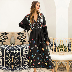 Boho V profundo con <span class=keywords><strong>volantes</strong></span> largo de manga de campana de cintura alta para mujeres de manga larga vestidos Maxi - Product Image 1
