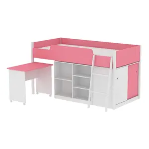 现代儿童女孩迷你粉红色 MDF 木阁楼双层床与桌子办公桌卧室家具, 木制儿童双层床