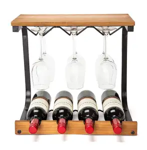 יין מתלה קיר רכוב בעבודת יד מתכת & עץ יין דלפק למעלה מתלה יין אחסון מדף עם 4 בקבוק כלובי