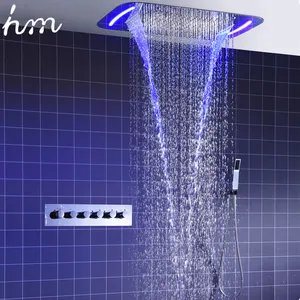 Shower System European wall mount bathroom shower faucet set with led overhead shower 5 way thermostatic mixer hand spray