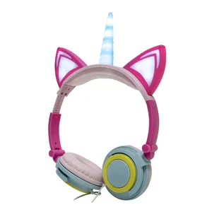 원래 공장 도매 이어폰 무선 유선 LED 라이트 업 유니콘 고양이 귀 헤드폰.