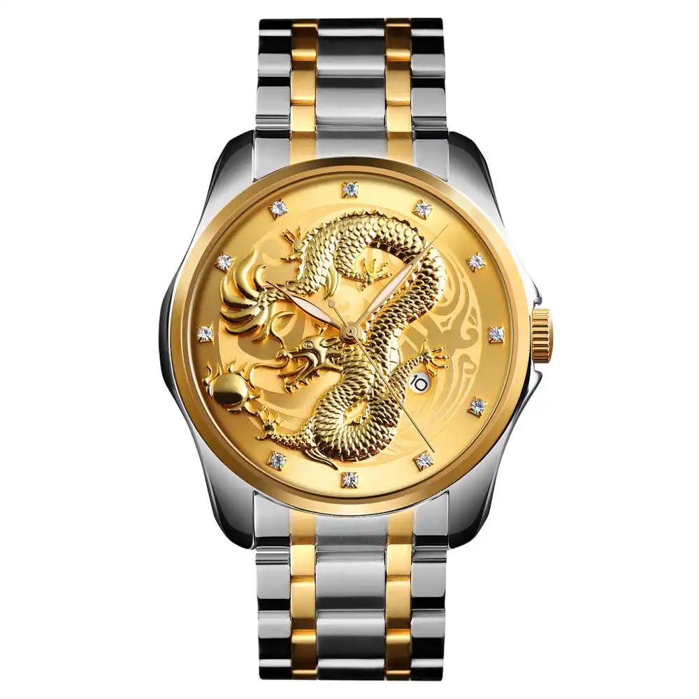 SKMEI 9193-reloj impermeable para hombre, de cuarzo, de acero inoxidable, con dragón dorado