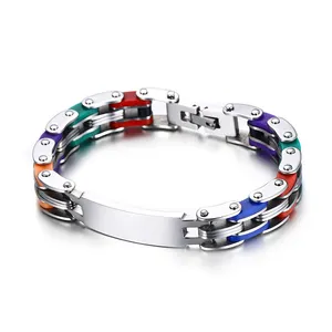 Stainless steel mens bike chain bracelet rainbow silicone bracelet