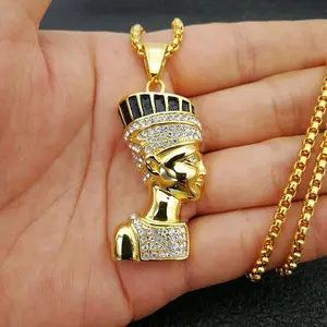 Stainless Steel Hip Hop Pendant Iced Out Gold Plated Egyptian Pharaoh Necklace