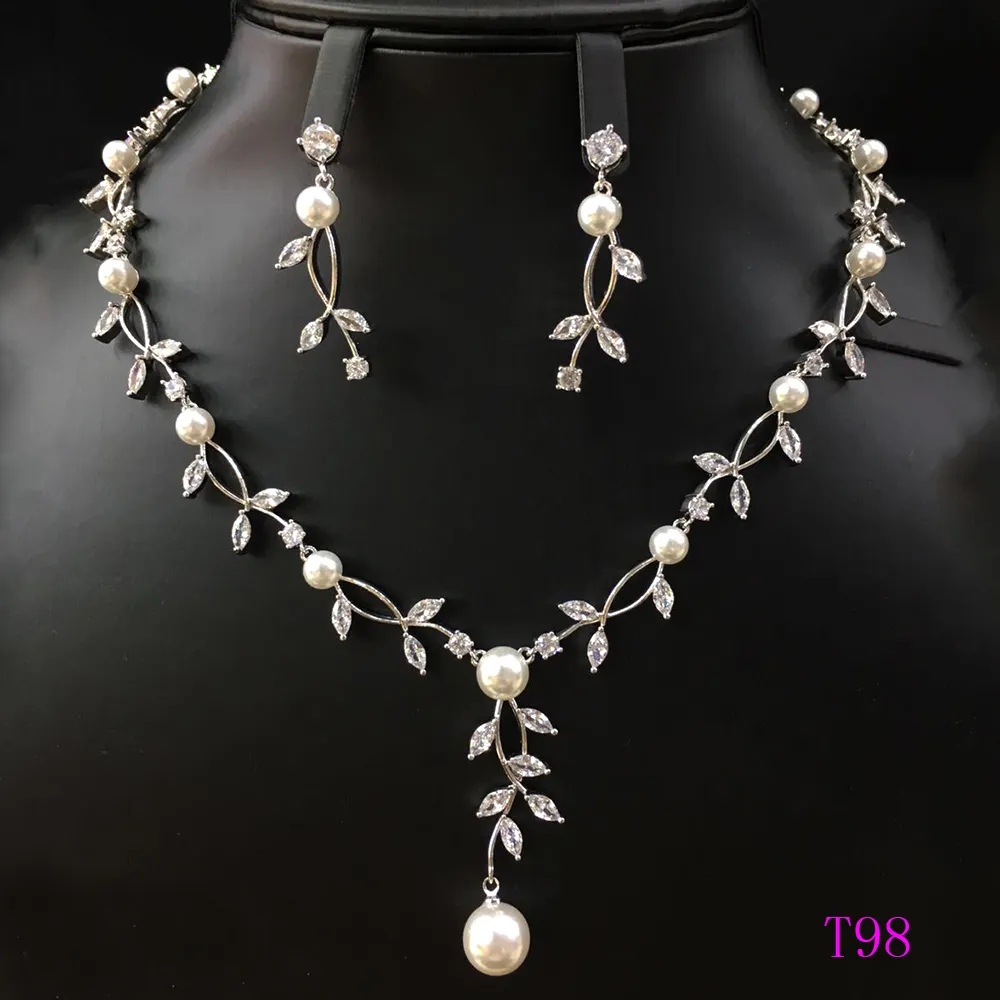 Xuping rhodium plated fashion design women wedding jewellery zircons two pieces pearl jewelry set