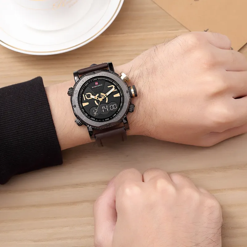 NAVIFORCE Men Watch 9094 Luxury Leather Waterproof Watches Men Wrist Digital Quartz Dual Display Wristwatches Relogio Masculino