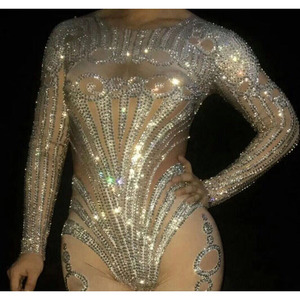 High Quality Gowns for Women Evening <strong>Dresses</strong> 2021 Long Sleeve <strong>Silver</strong> Rhinestone Jumpsuit Stretch Leotard Sexy Club Wear Vestidos - Product Image 5