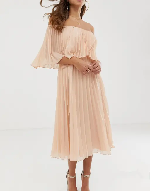 Off shoulder pleated bandeau chiffon midi dress with double layer ST1039