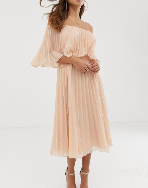 Off shoulder pleated bandeau chiffon midi dress with double layer ST1039