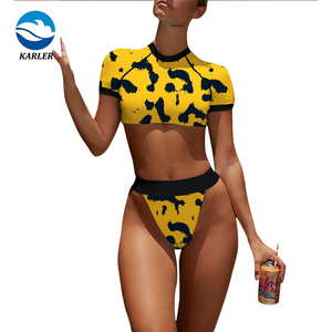 De manga corta de las mujeres conjuntos de <span class=keywords><strong>Bikini</strong></span> de corte alto 2 piezas Sexy Patchwork ropa para damas - Product Image 4
