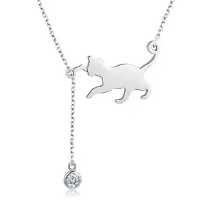 GN08 moda sürgülü hakiki 925 ayar gümüş sevimli Pet kedi kedi uzun zincir kolye bayanlar ayar takı - Product Image 1