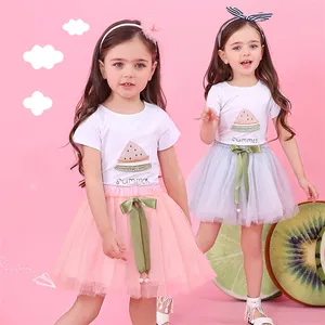 Gadis Musim Panas Rok Anak Set Suit Anak 'S Semangka Cetak Lengan Pendek Putri Kerudung Set Kapas Mesh Rok untuk Anak Perempuan