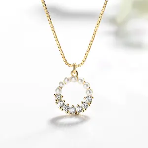 Venta al por mayor joyería de perlas de plata de ley-Collar con abalorio de oro de 18K para mujer, joyería fina de Plata de Ley 925 con perlas de agua dulce de circón
