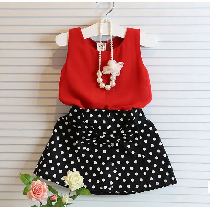 kids set clothes with red sleeveless top polka-dot chiffon skirt