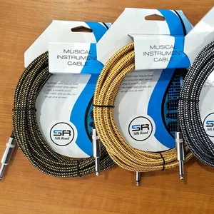 20ft Vải Bện Tweed Cụ Đàn Guitar Cáp 1/4 "Mono OD 7.5mm với Nhiệt Co Lại Màu Đen Xoắn Ốc Lá Chắn trên nối Kết Thúc