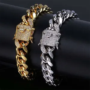 Mens Gold Cuban Link Bracelet HipHop Golden With Cubic Zirconia Stones Bracelets Best Gift