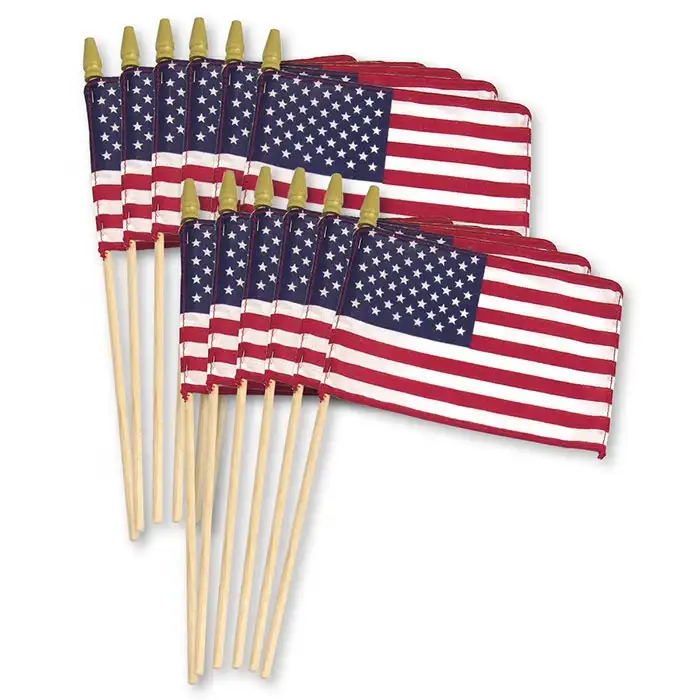 Vendite Dirette della fabbrica Stampa Personalizzata Poliestere Bandiere Americane Su Bastoni Con Asta di Legno