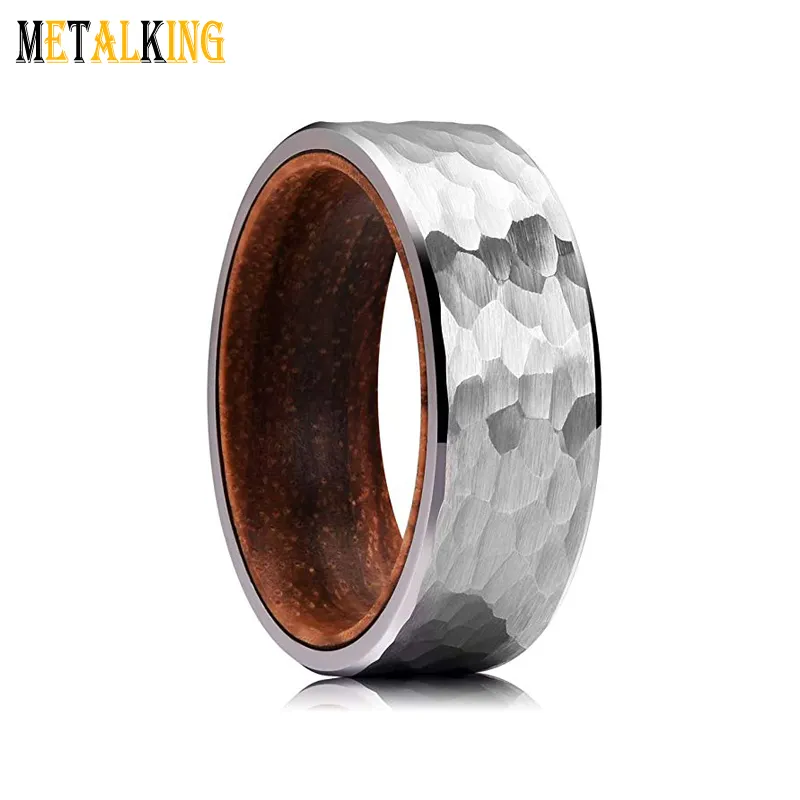 8mm martillado anillo de carburo de tungsteno con madera insertar confort negro plata Metal oro rosa