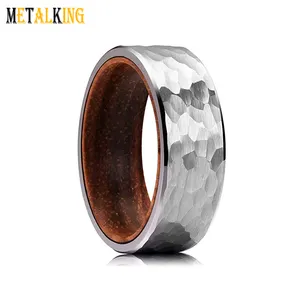 8mm Hammered Tungsten Carbide Ring with Wood Insert Comfort Fit Black, Silver, Rose Gold Metal