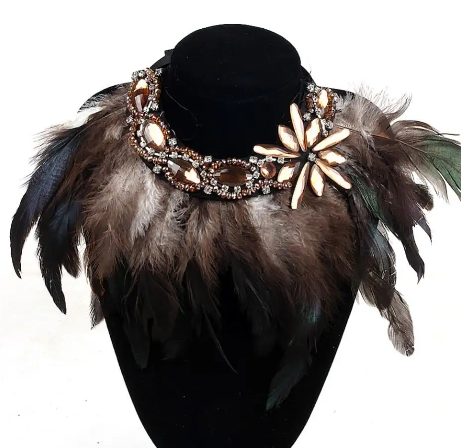 WIIPU Fashion Feather Ribbon Rhinestone Flower Pendant Necklace Women Crystal Choker Statement Necklace