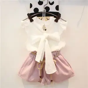 summer hot sale girl dress outfits with summer new sleeveless bow tie T - shirt tether belt shorts