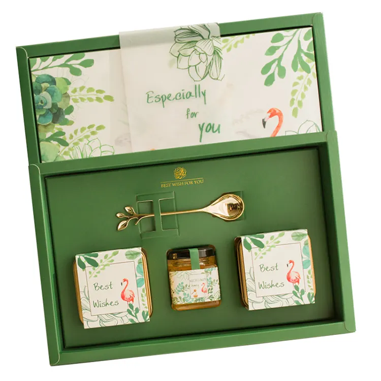 Caja de regalo de miel con logotipo personalizado, embalaje de papel con patrón de plantas verdes, estilo Ins, gran oferta