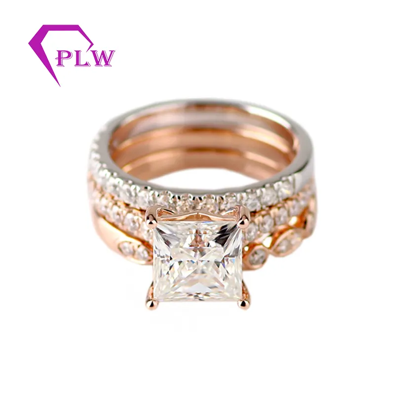 Wedding Propose Ring Jewelry 14K Real Rose Gold Setting Synthetic Moissanite Diamond Three Pieces Rings Set
