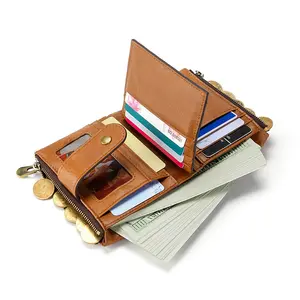 Cao Thời Trang Lớp Đầu Tiên Chính Hãng Bò Da RFID Mềm Men Wallet Clutch Bag Dây Kéo Đôi Purse Với Hasp