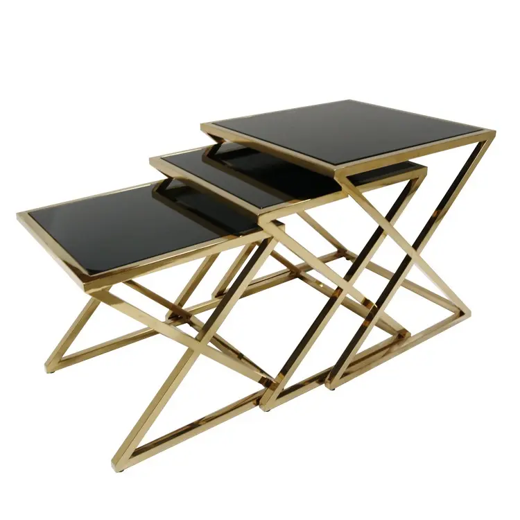 Modern Style 3 pieces Stainless Steel Frame tempered glass top Corner table End table Bed side table