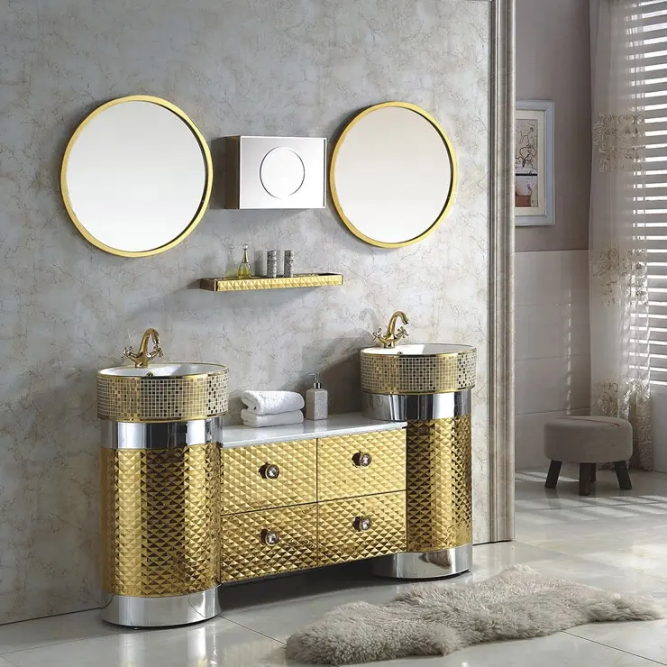 Stainless Steel Gold Round Double Vanity Bathroom Sink with Cabinet
