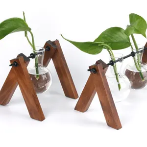 Vaso di fiori in vetro trasparente moderno <span class=keywords><strong>con</strong></span> Base in <span class=keywords><strong>legno</strong></span> Design creativo appeso per la decorazione della casa giardino natale vacanza Rattan materiale - Product Image 1