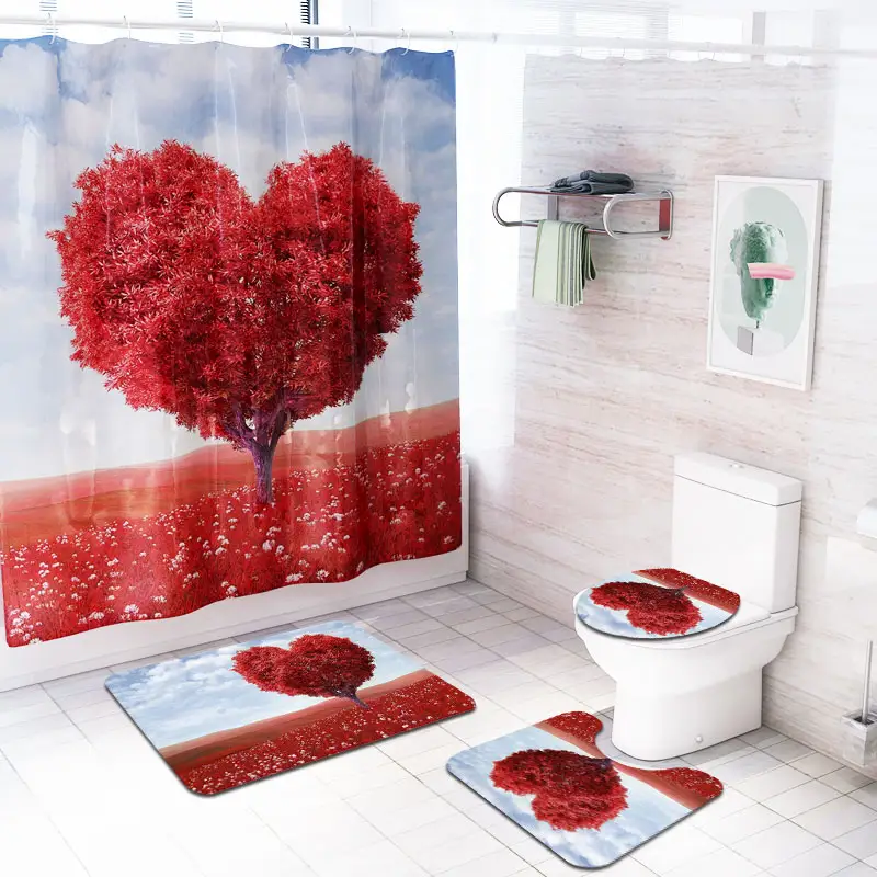 Su geçirmez Polyester lüks banyo halısı mat seti s 3 adet banyo Mat seti 1 adet baskılı duş perdesi