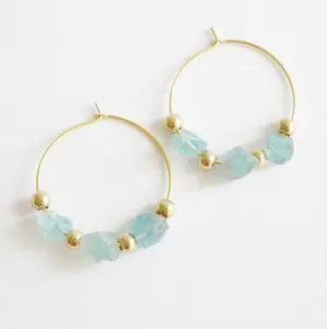 Blue Apatite with Gold Mini Beads Hoop Handmade Raw Crystal Dangle Earrings