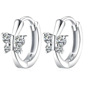 Korea Style Butterfly Inlay Diamond Ear Clasps Earrings Sexy Small Round Hoop 925 Silver Jewelry Evening Dress Earrings